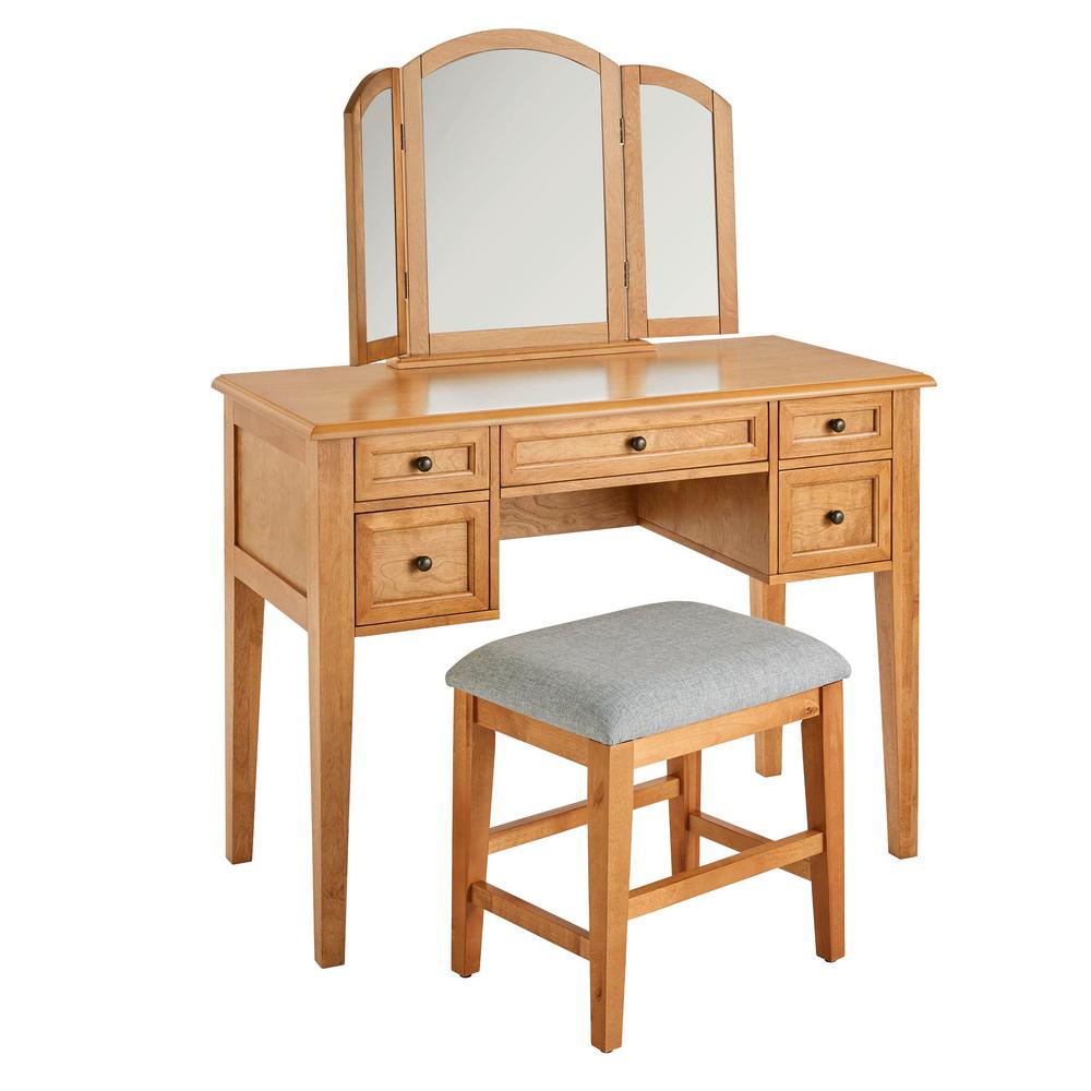 Home Decorators Collection Belford Honey Wood Vanity Set With Tri Fold Mirror And Upholstered Stool 46 90 In W X 54 10 In H Bf 25645 Ho Tw The Home Depot