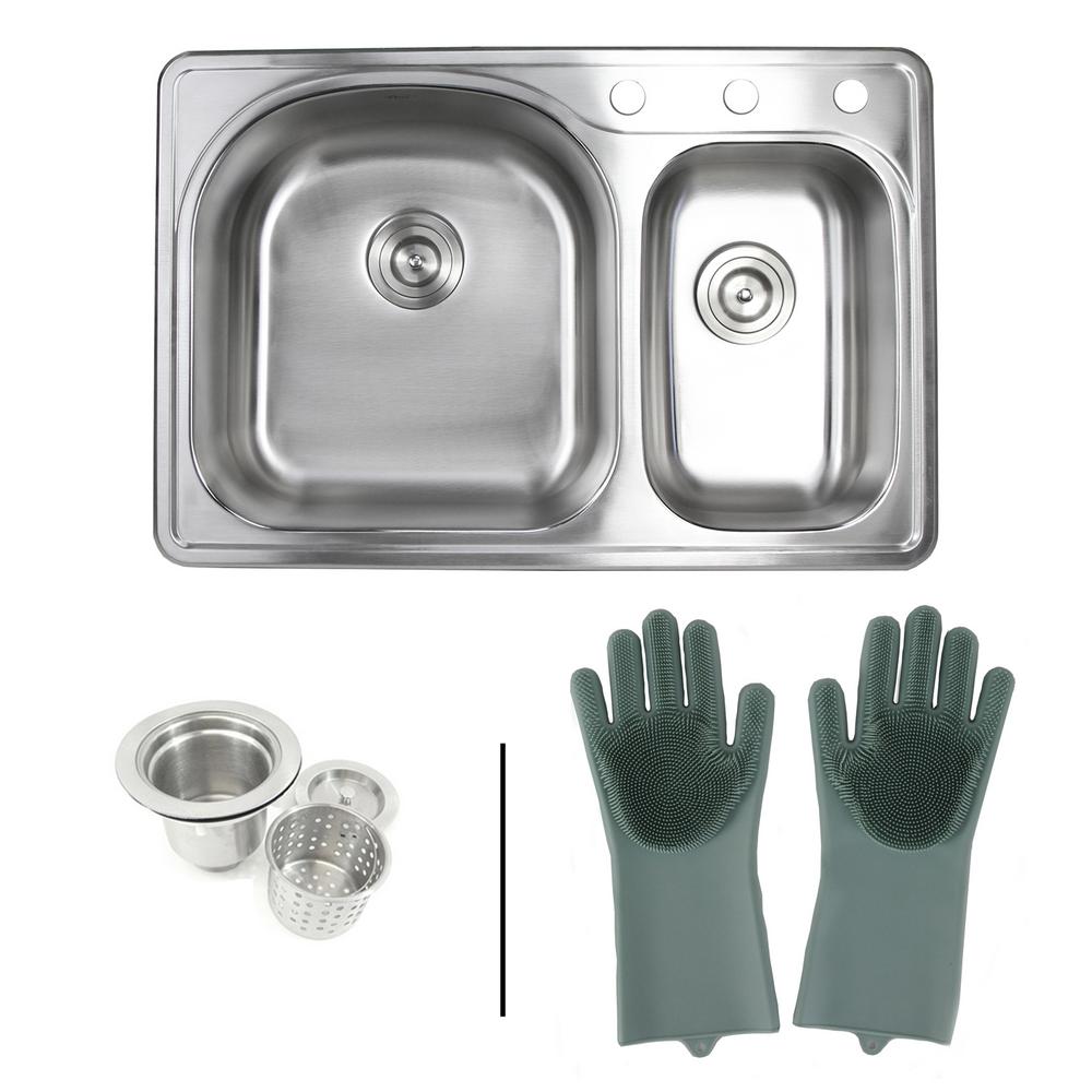 Emoderndecor Topmount Drop In 18g Stainless Steel 33 3 Faucet Topmount Drop In 18g Stainless Steel 33 3 Faucet Hole 70 30 Double Bowl Kitchen Sink With Silicone Gloves Strainer
