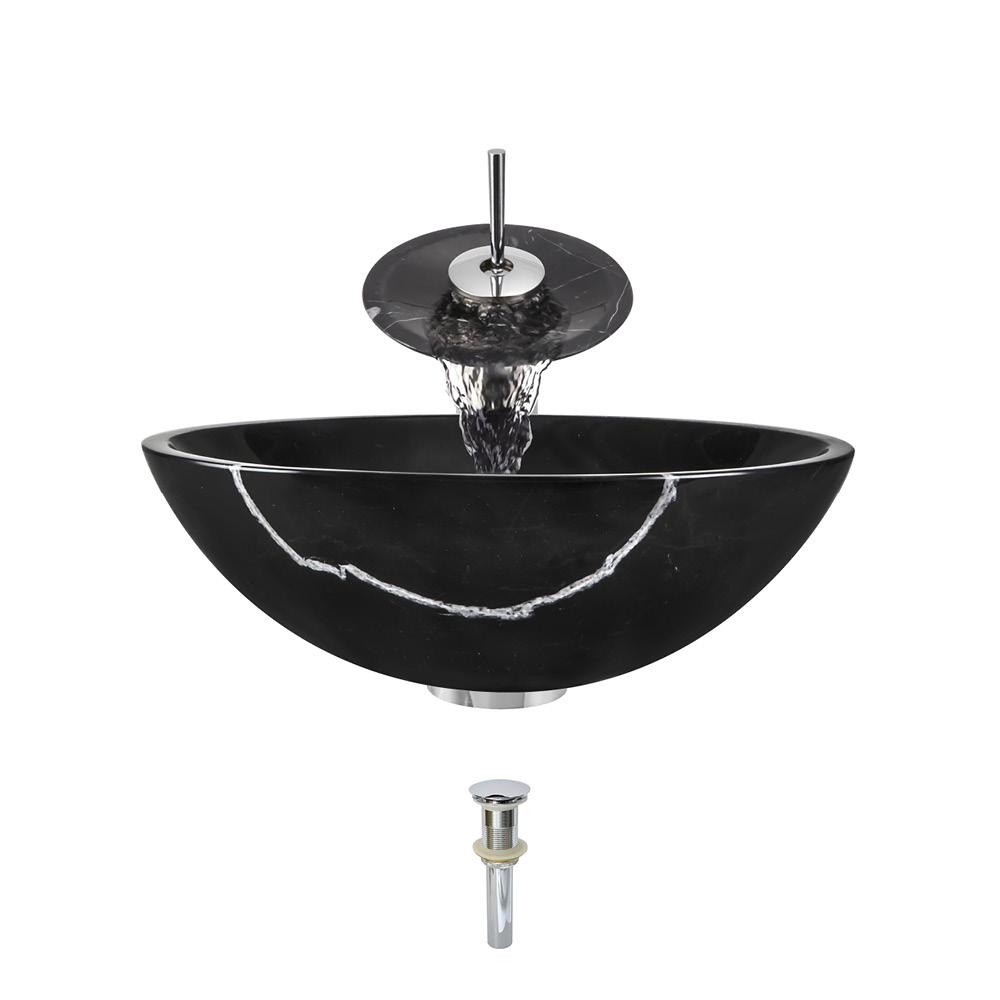 Mr Direct Stone Vessel Sink In Black Marble With Waterfall Faucet And Pop Up Drain In Chrome