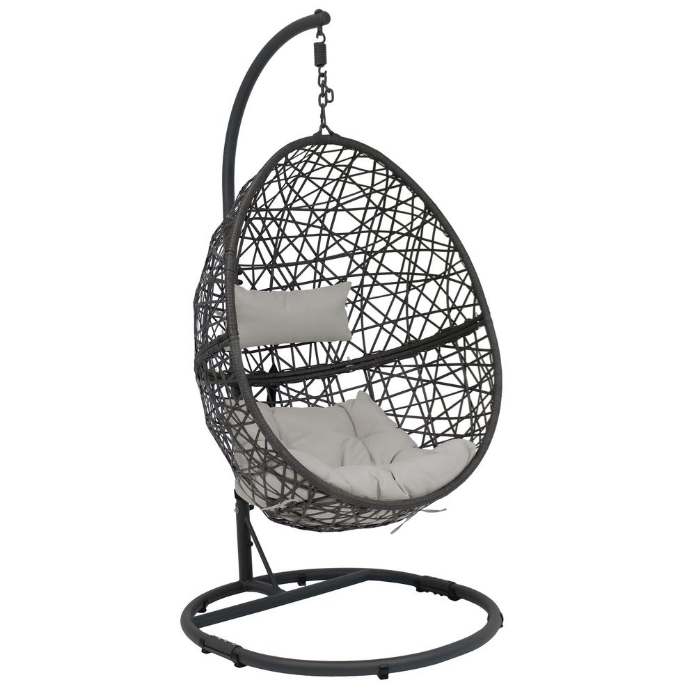 Sunnydaze Decor Caroline Resin Wicker Indoor Outdoor Hanging Egg Patio Lounge Chair With Stand And Gray Cushions