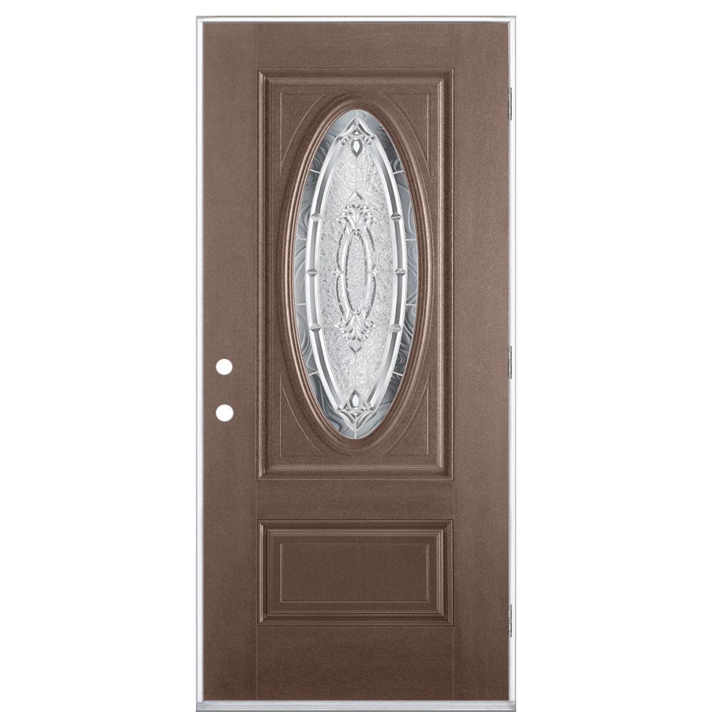 Masonite 36 In X 80 Providence Chestnut 3 4 Oval Lite Right Providence Chestnut 3 4 Oval Lite Right Hand Outswing Textured Impact Fiberglass Prehung Front Door
