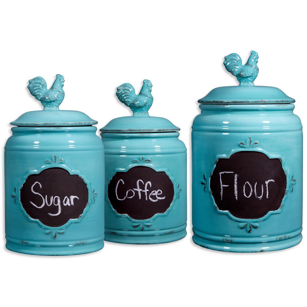 HOME ESSENTIALS & BEYOND Aqua Ceramic Chalkboard Canisters (Set of 3)72018 The Home Depot