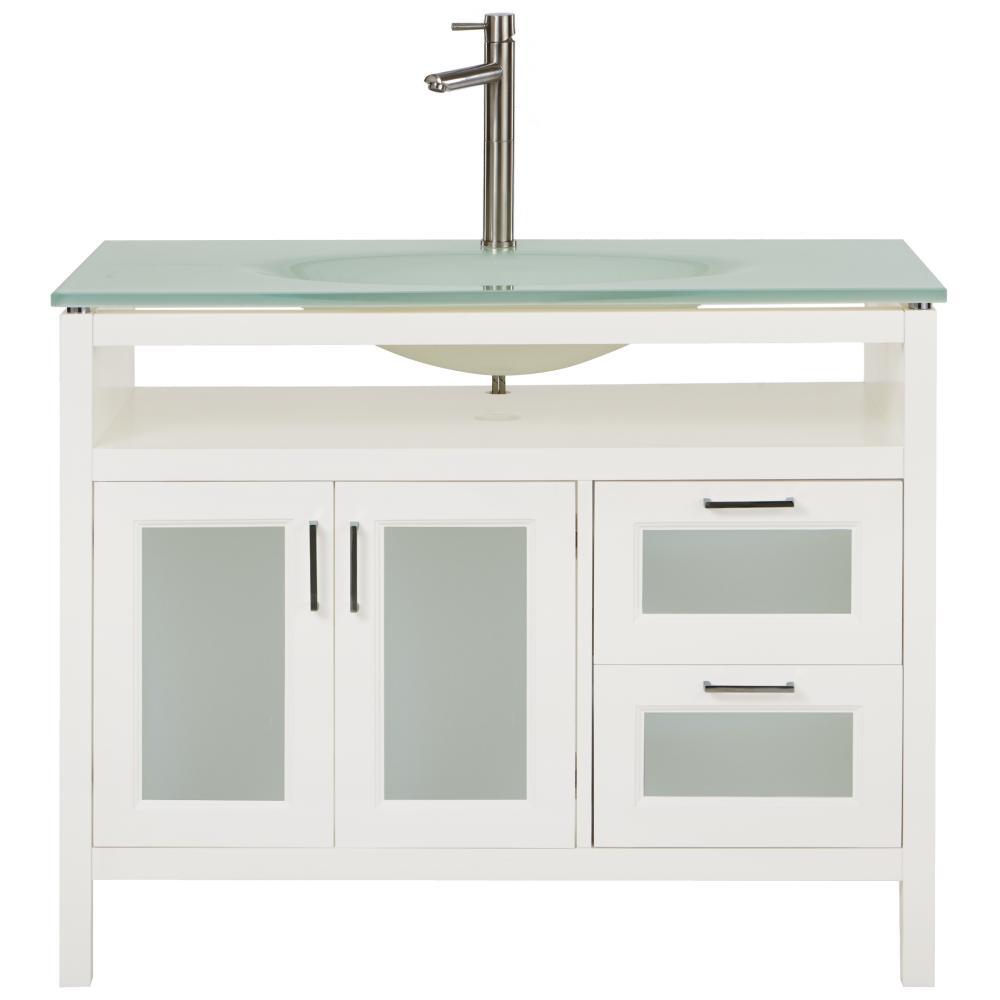 Monica 43 In W Vanity In White With Tempered Glass Vanity Top In Clear With Tempered Glass Sink