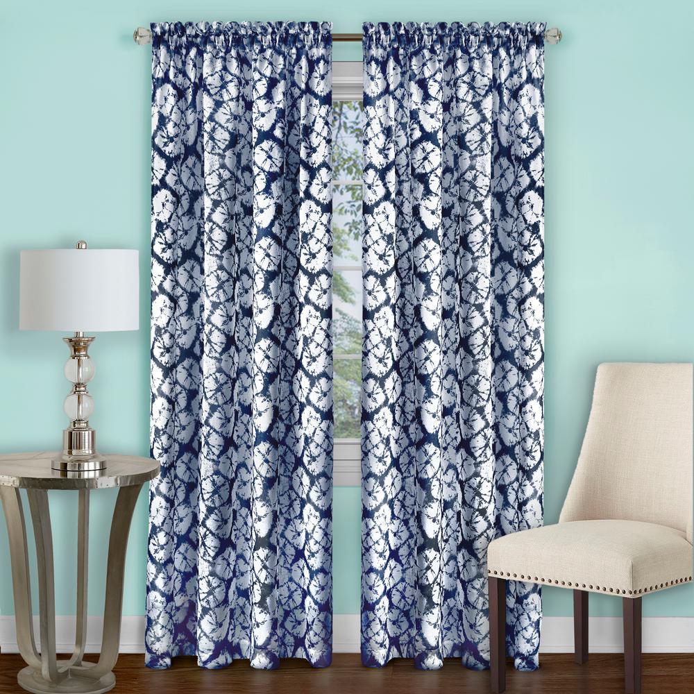 Batik Navy Polyester Rod Pocket Curtain 52 In W X 63 In L