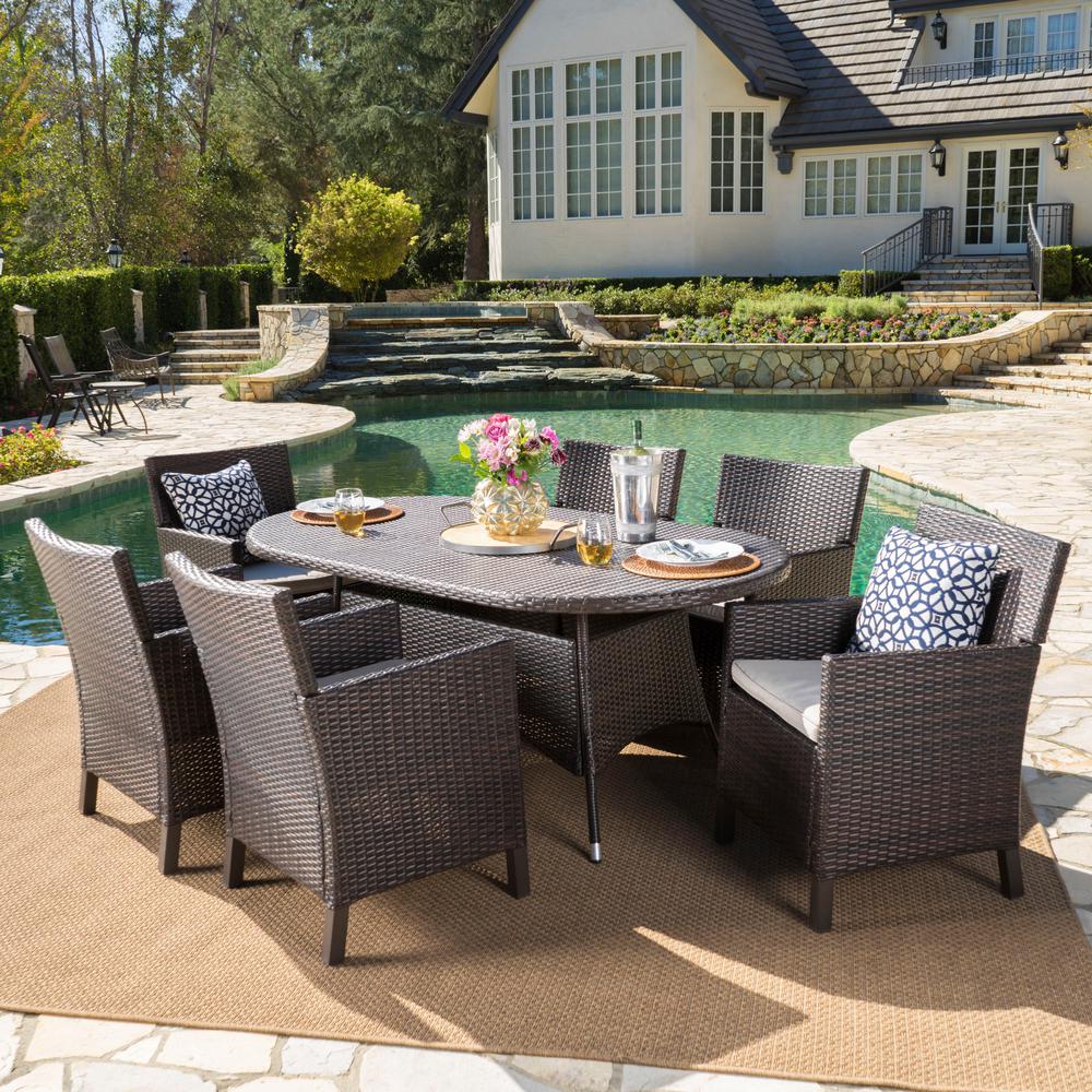 Noble House Cypress 28 50 In Multi Brown 7 Piece Metal Round Outdoor Dining Set With Light Brown Cushions 21946 The Home Depot