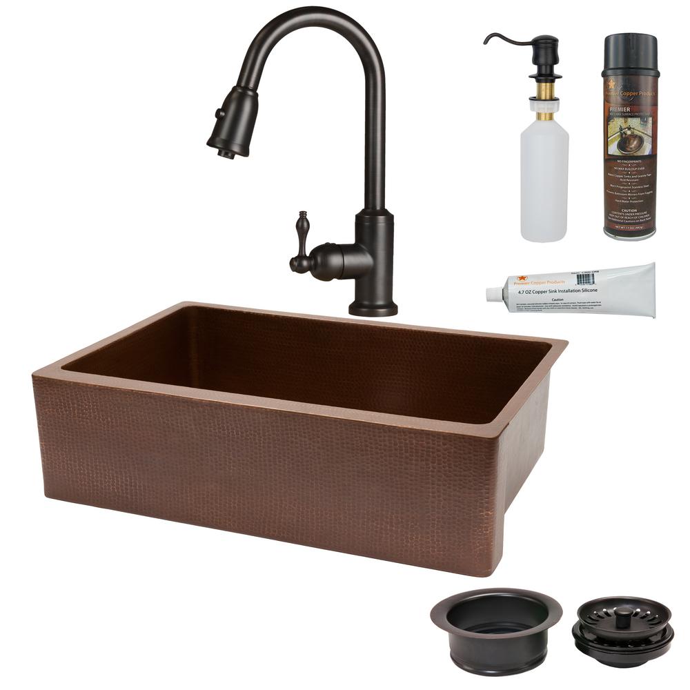Premier Copper Products All In One Undermount Hammered Copper 33 In 0 Hole Single Bowl Kitchen Sink In Antique Copper