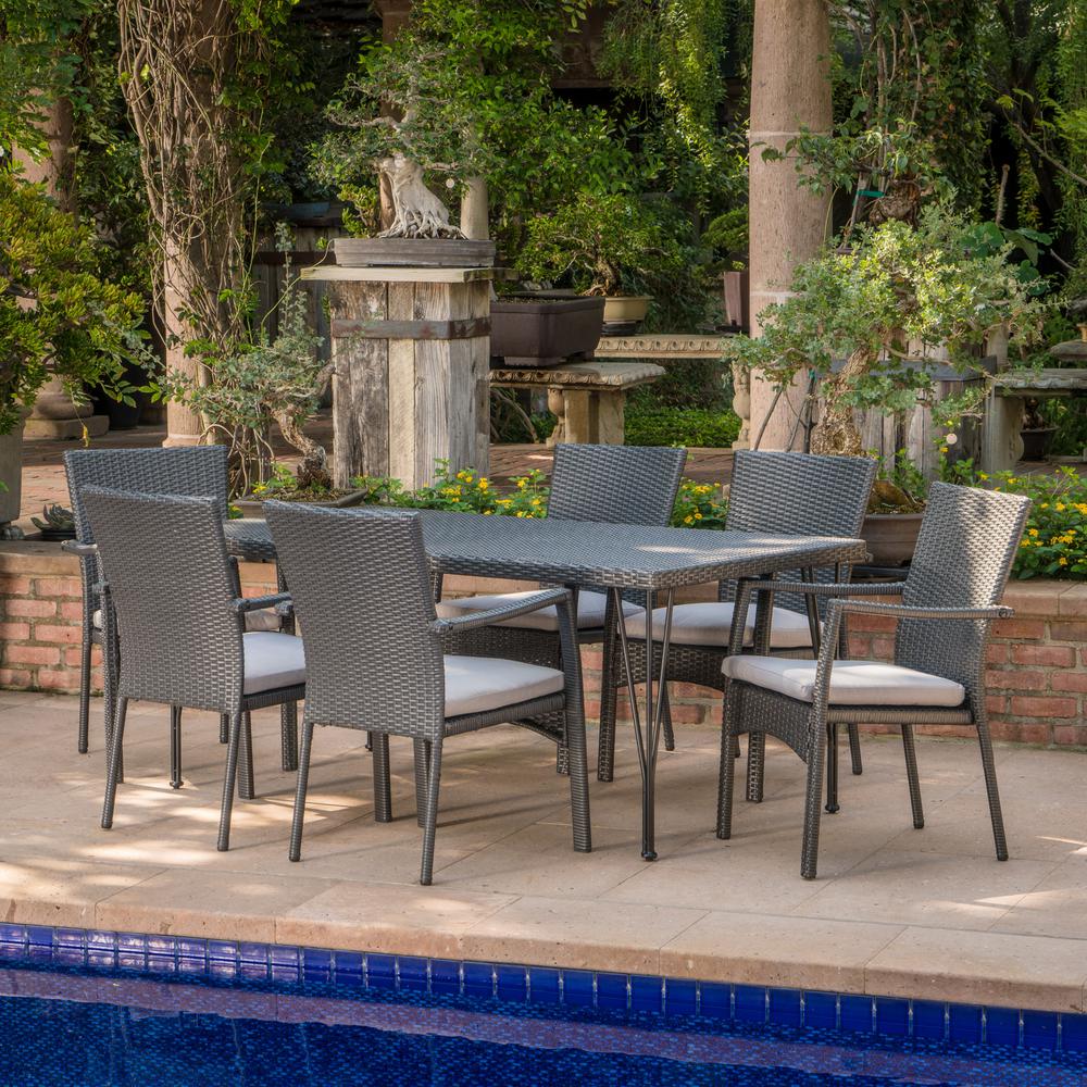 Noble House Luka Grey 7-Piece Wicker Outdoor Dining Set with Grey