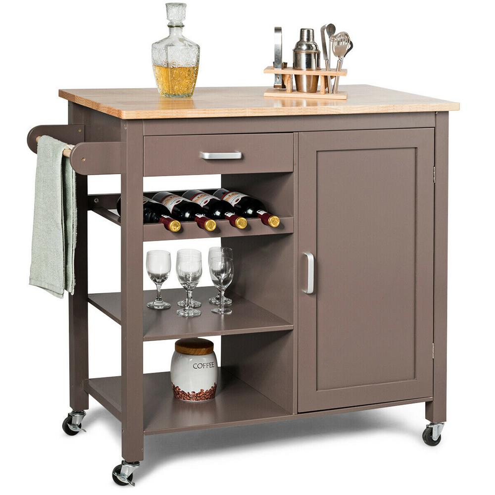 Costway Brown Kitchen Cart with Natural Wood Top and Wine Rack