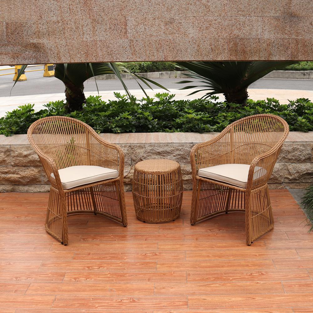 Maypex Natural Brown 3 Piece Wicker Outdoor Conversation Set With Beige Cushions 300275 Nt The Home Depot