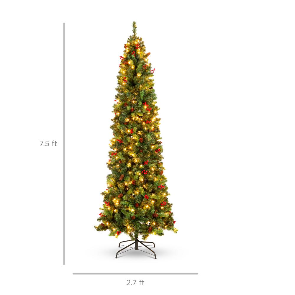 Best Choice Products 7 5 Ft Pre Lit Incandescent Pencil Artificial Christmas Tree With 350 Warm White Lights Pine Cones Berries Sky5979 The Home Depot