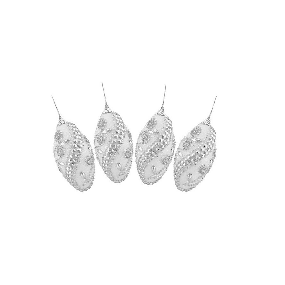Northlight 4ct White and Silver Beaded Swirl Shatterproof Christmas Finial Ornaments 4.5 110mm