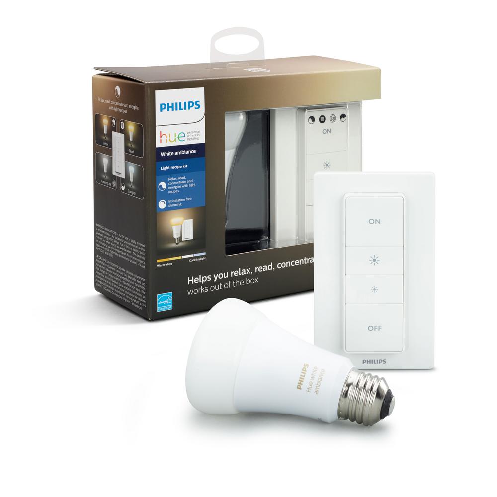 Philips Hue White Ambiance Smart Wireless Lighting Recipe Kit 1 A19 Led 60w Equivalent Dimmable Bulb And Remote Dimmer Switch