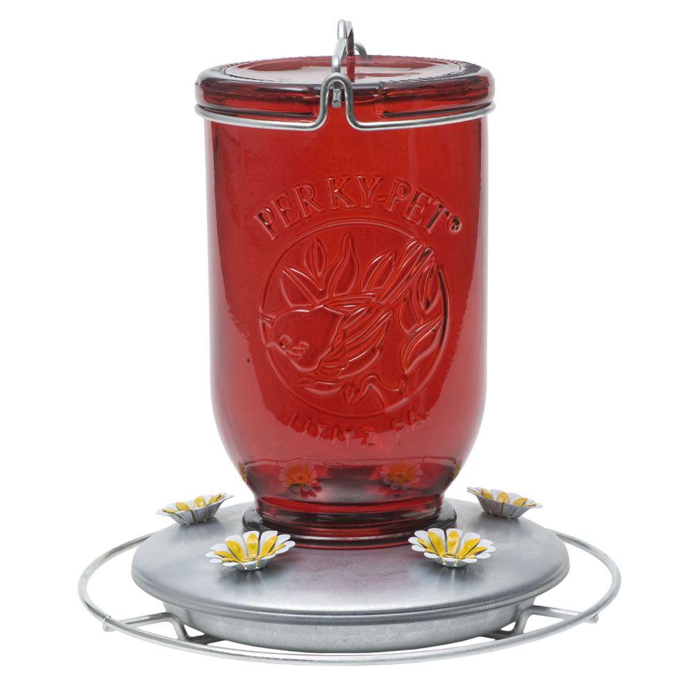 Perky Pet Red Mason Jar Decorative Glass Hummingbird Feeder 32