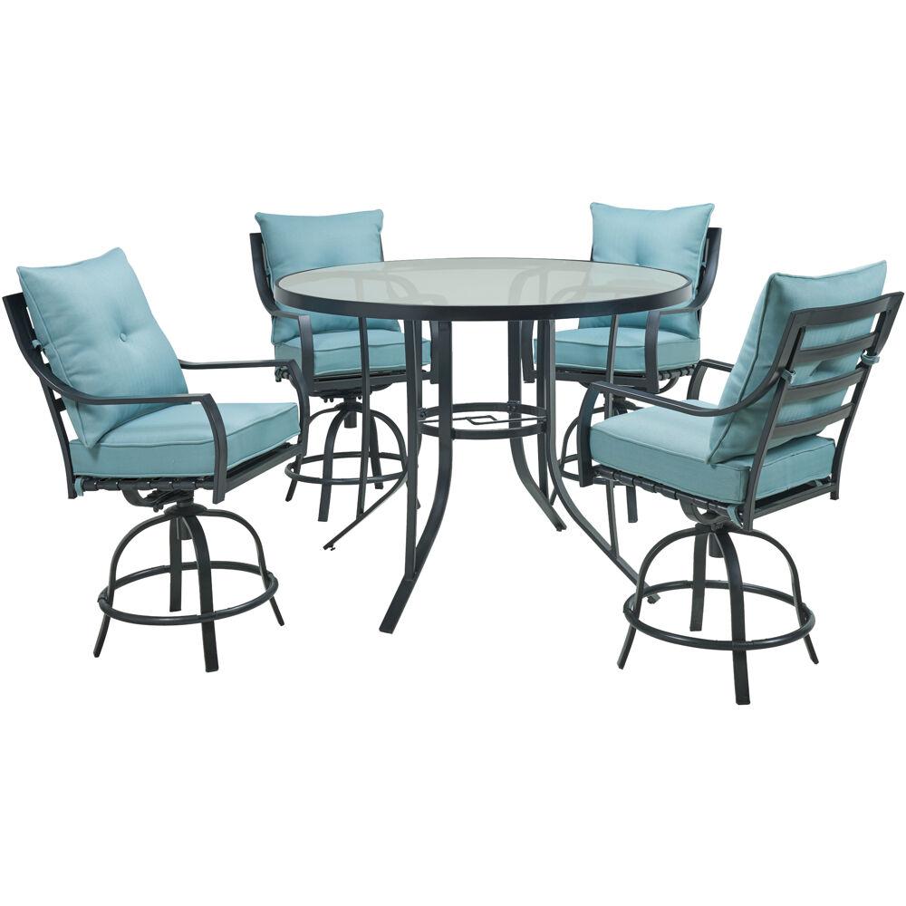 Hanover Lavallette 5 Piece Steel Round Outdoor Dining Set With Ocean Blue Cushions 4 Swivel Chairs And A 52 In Glass Top Table Lavdn5pcbr Blu The Home Depot Hanover Lavallette 5 Piece Steel Round, Round Glass Top Table With 4 Chairs