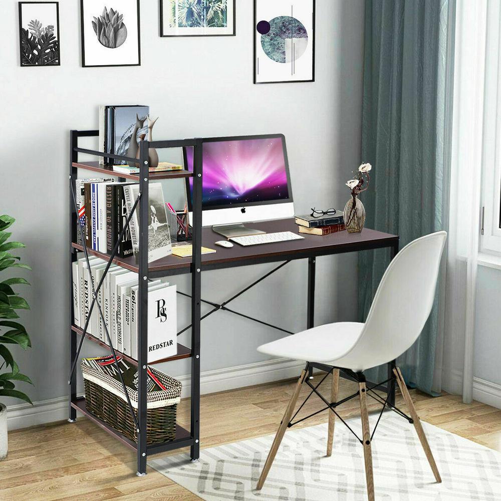 Costway Brown Modern Computer Desk With 4 Tier Shelves Pc