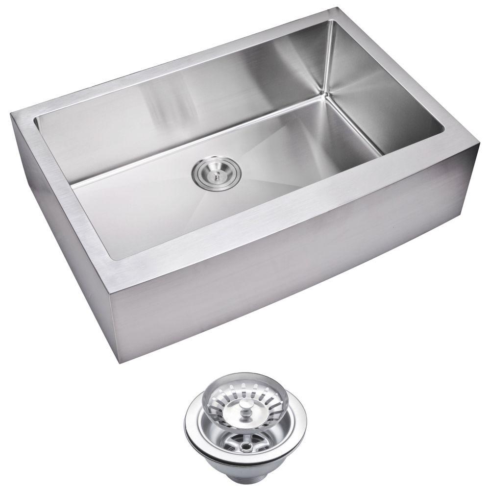 Water Creation Farmhouse Apron Front Small Radius Stainless Steel 33 In Single Bowl Kitchen Sink With Strainer In Satin
