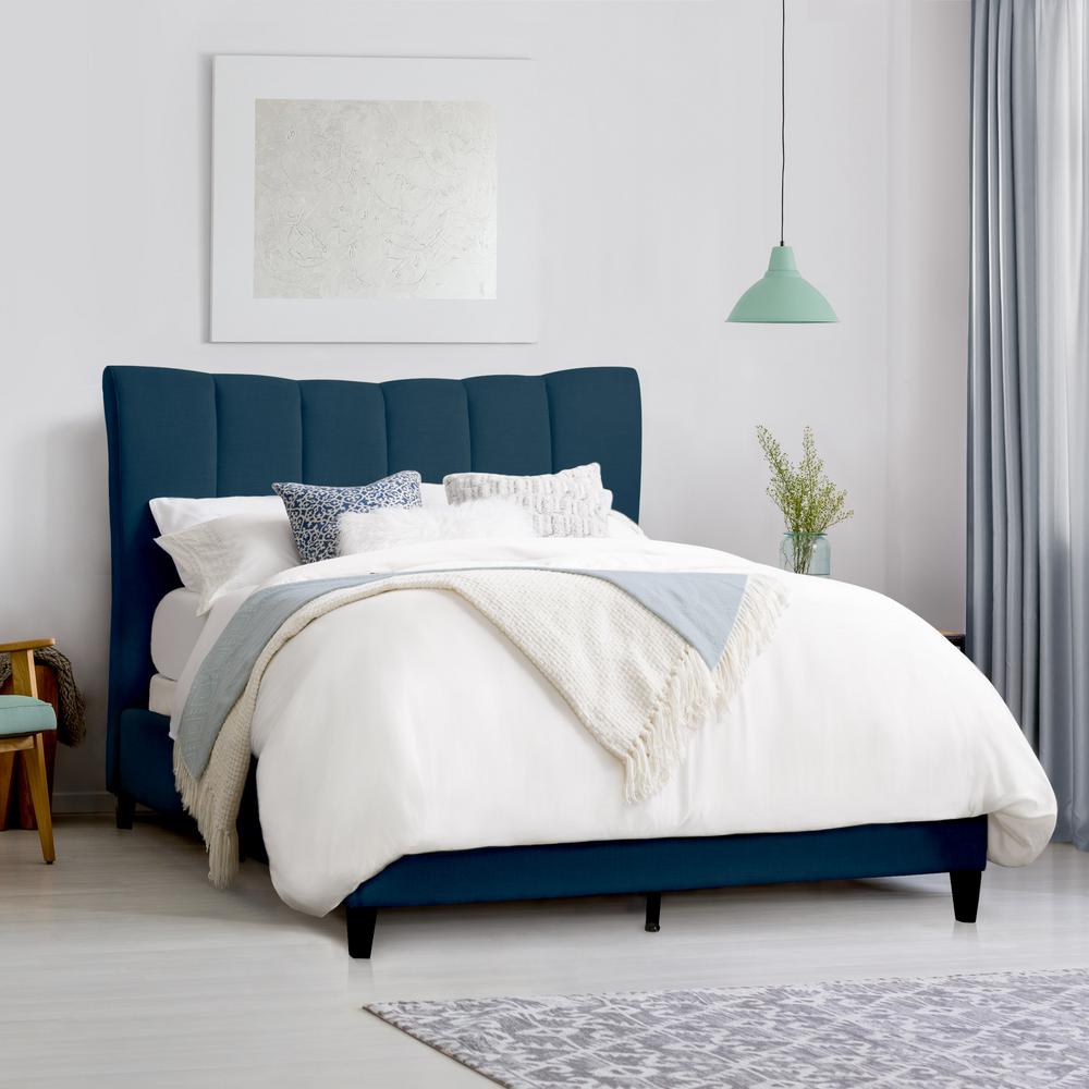 Corliving Rosewell Navy Blue Fabric Vertical Channel Tufted King Bed Corliving Rosewell Navy Blue Fabric Vertical Channel Tufted King Bed Frame