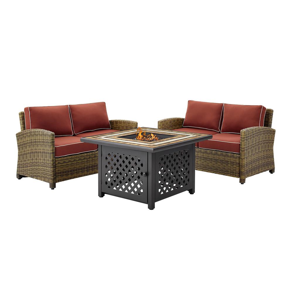 Crosley Bradenton 3 Piece Wicker Patio Fire Pit Seating Set With