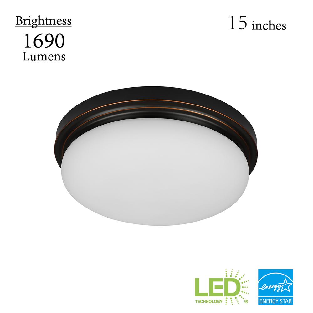 Hampton Bay Chilton 15 in. LED Color Changing 170-Watt Equivalent Oil-Rubbed Bronze Selectable Integrated LED Flush Mount with Glass Shade