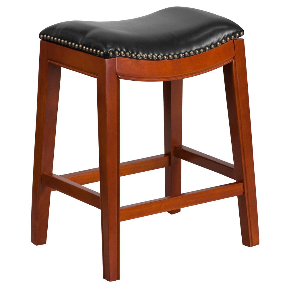 Carnegy Avenue 26 In High Backless Light Cherry Wood Counter Height High Backless Light Cherry Wood Counter Height Stool With Black Leather