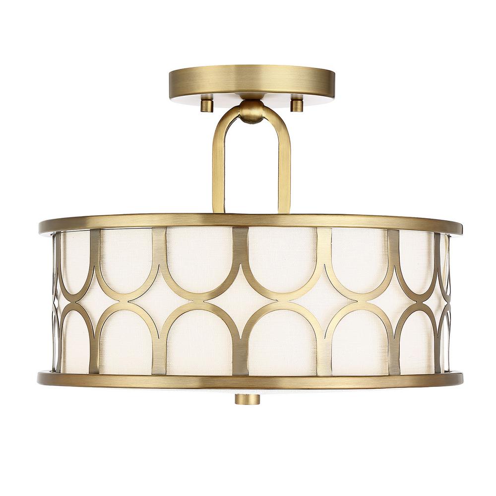 Filament Design 2 Light Natural Brass Semi Flushmount With White Filament Design 2 Light Natural Brass Semi Flushmount With White Fabric Shade