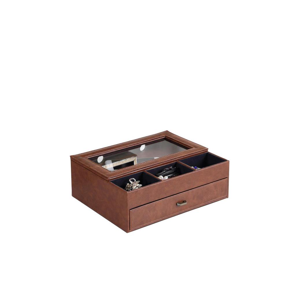 Ore International 12 In Brown Leather Tempered Glass Men Valet