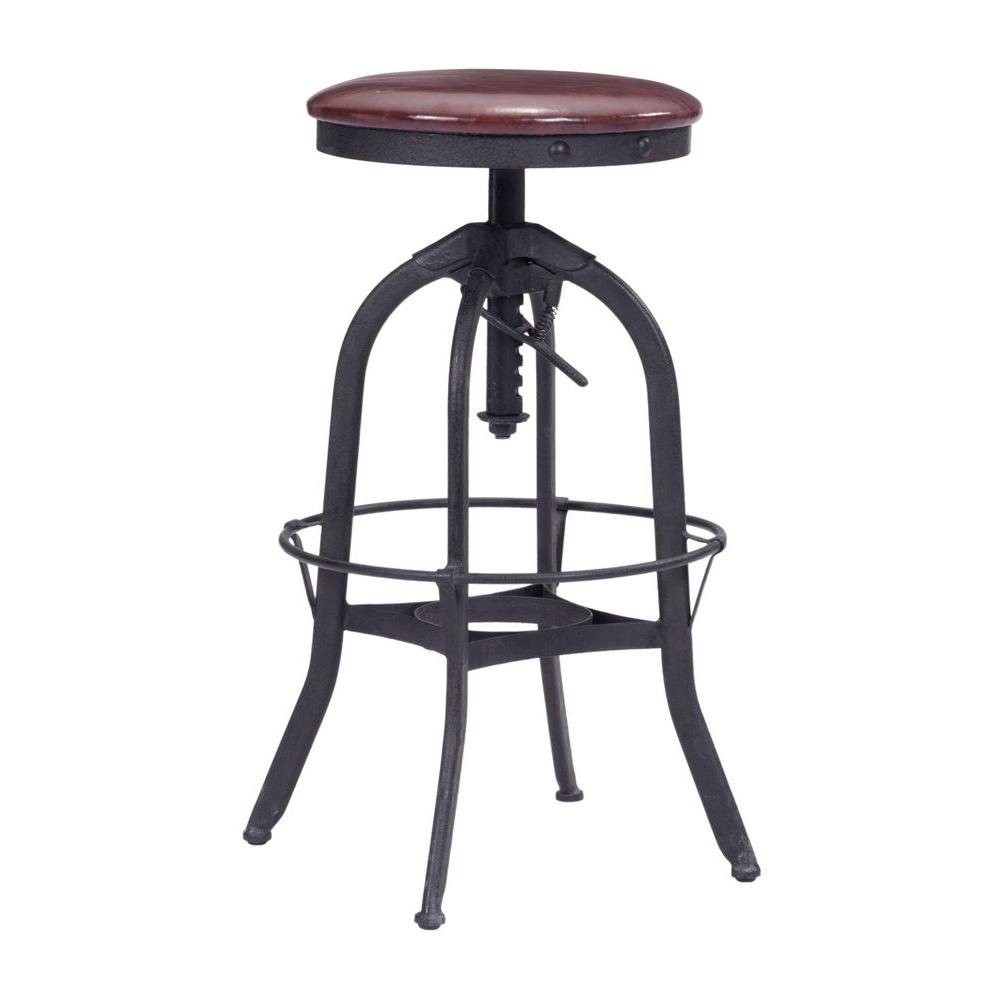 ZUO Crete Adjustable Height Antique Black and Burgundy Bar Stool100441