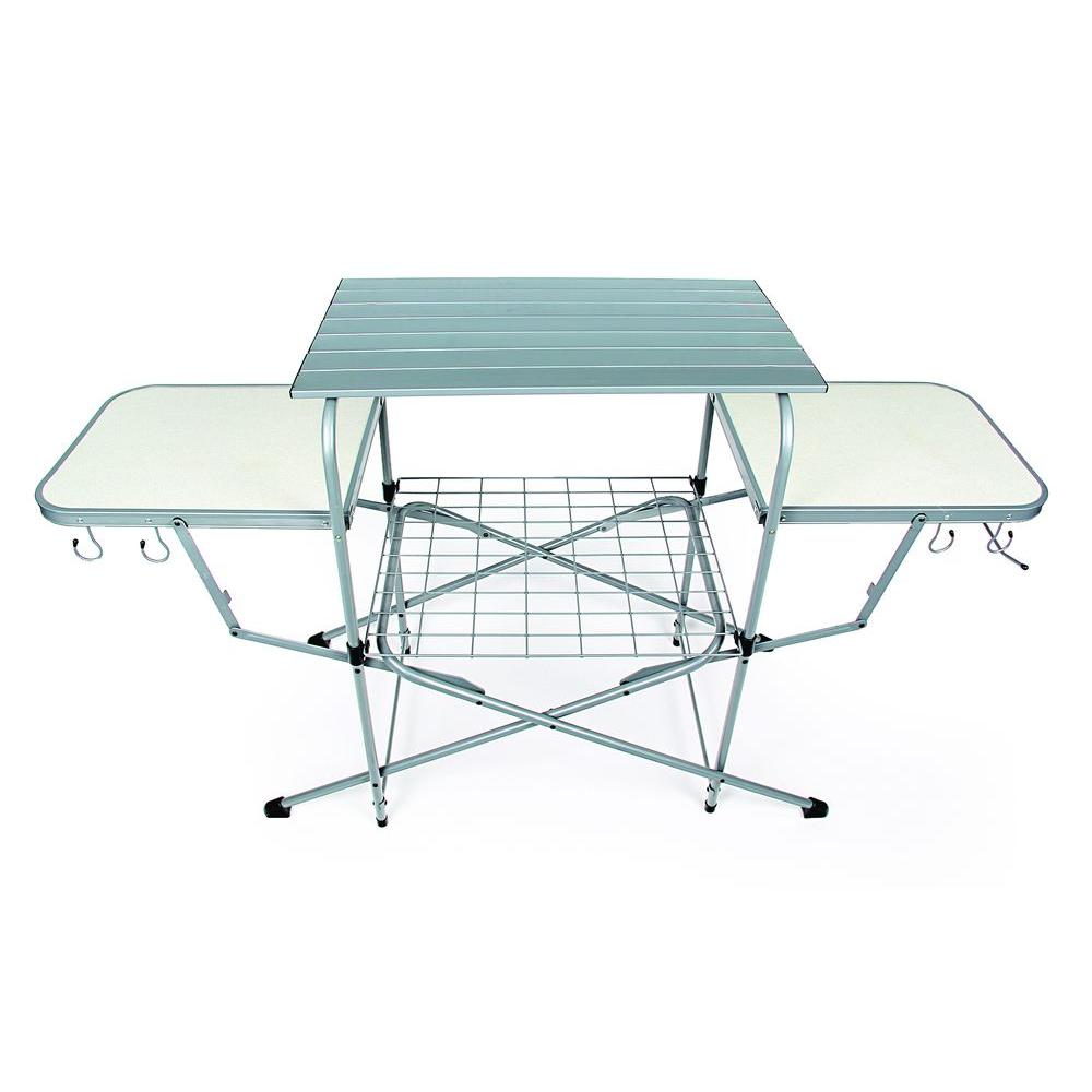 Camco Deluxe Folding Portable Outdoor Steel Aluminum Grill Table Cart with Side Tables, Hooks, and Storage Carrying Case for Camping and Tailgating