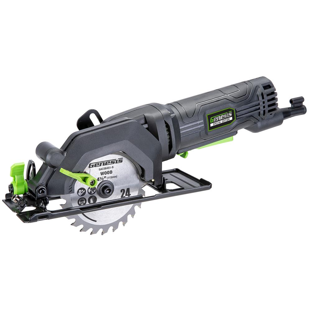 Genesis 4 0 Amp 4 1 2 In Compact Circular Saw With 24t Blade Rip Guide Vacuum Adapter And Blade Wrench Gcs445se The Home Depot