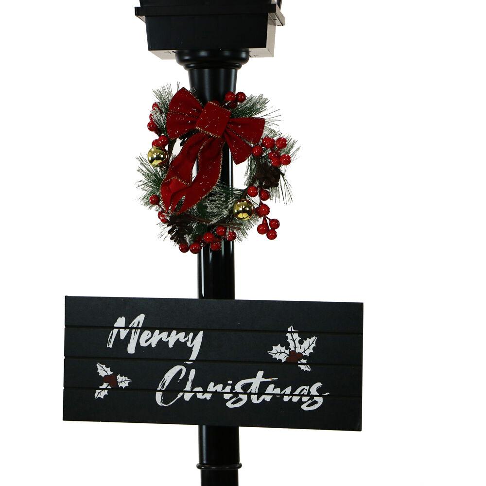 71 Inch Fraser Hill Farm Let Series 71 Street Lamp Christmas Tree Cascading Snow 2 Signs and Holiday Music Black with Trio Scene