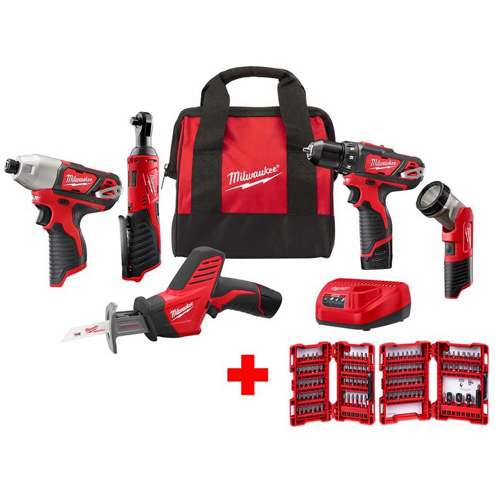Milwaukee Combo Kit 5 Tool w Batteries Charger Bag Cordless Powerful M12 12Volt