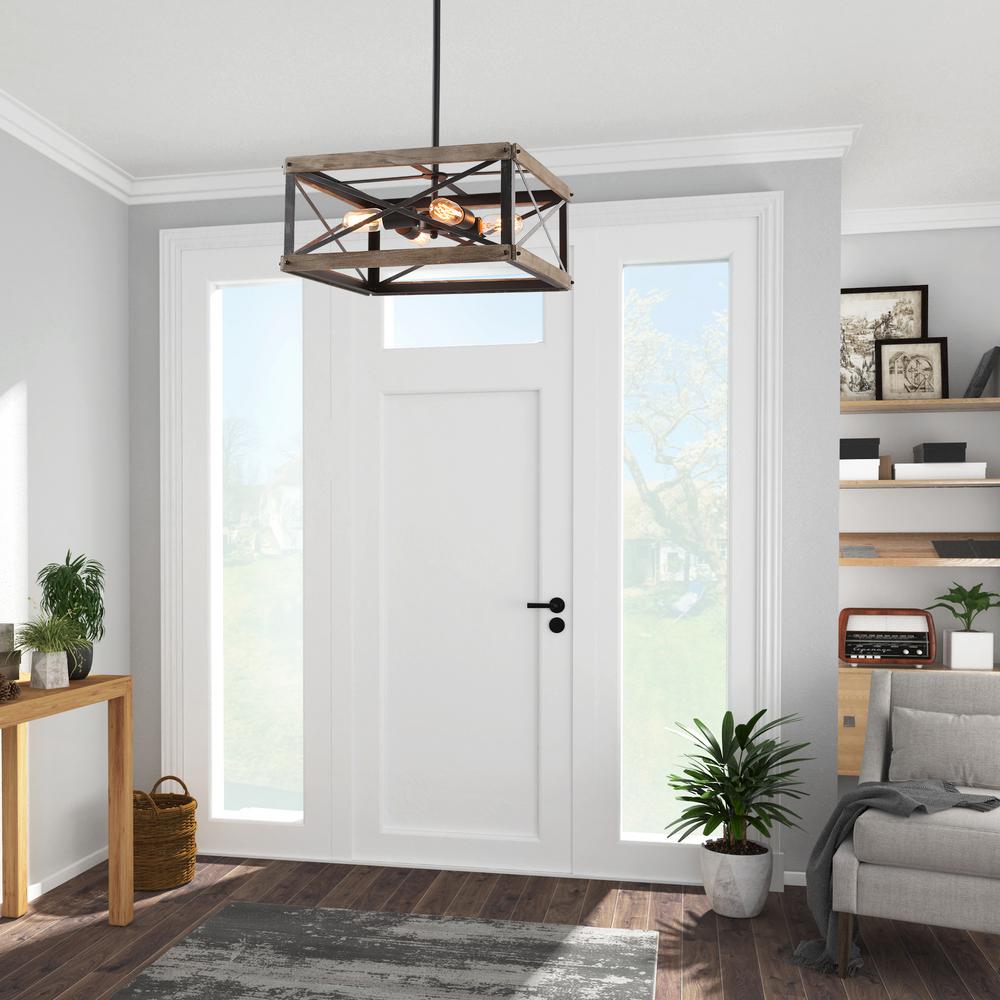 Lnc Eniso 18 In 4 Light Black Open Square Cage Rustic Farmhouse Wood Island Chandelier Led Compatible Pendant Lighting A03438 The Home Depot