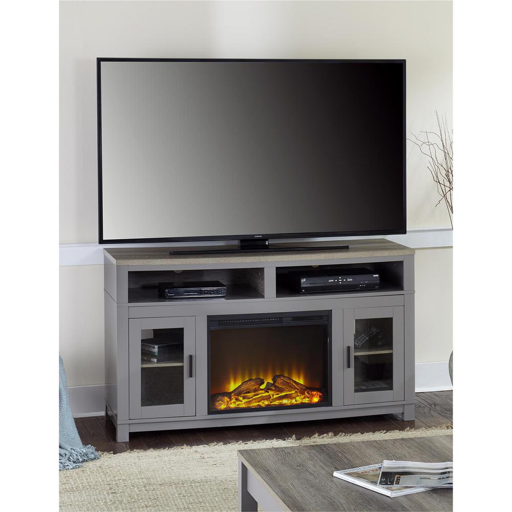 Add ambiance and warmth to your living room with the help of this Carver Gray Electric Fireplace TV Stand. Offers durability.