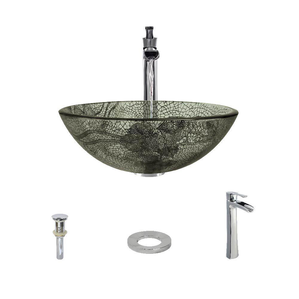 VIGO Glass Vessel Sink in Gray Onyx and Waterfall Faucet Set in ChromeVGT040CHRND The Home Depot