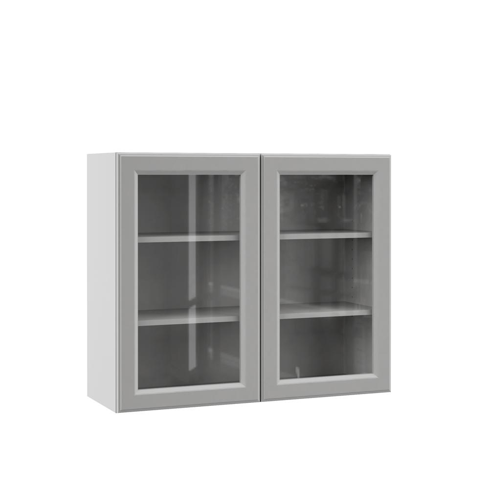 Hampton Bay Designer Series Elgin Assembled 36x30x12 In Wall Kitchen Cabinet With Glass Doors In Heron Gray