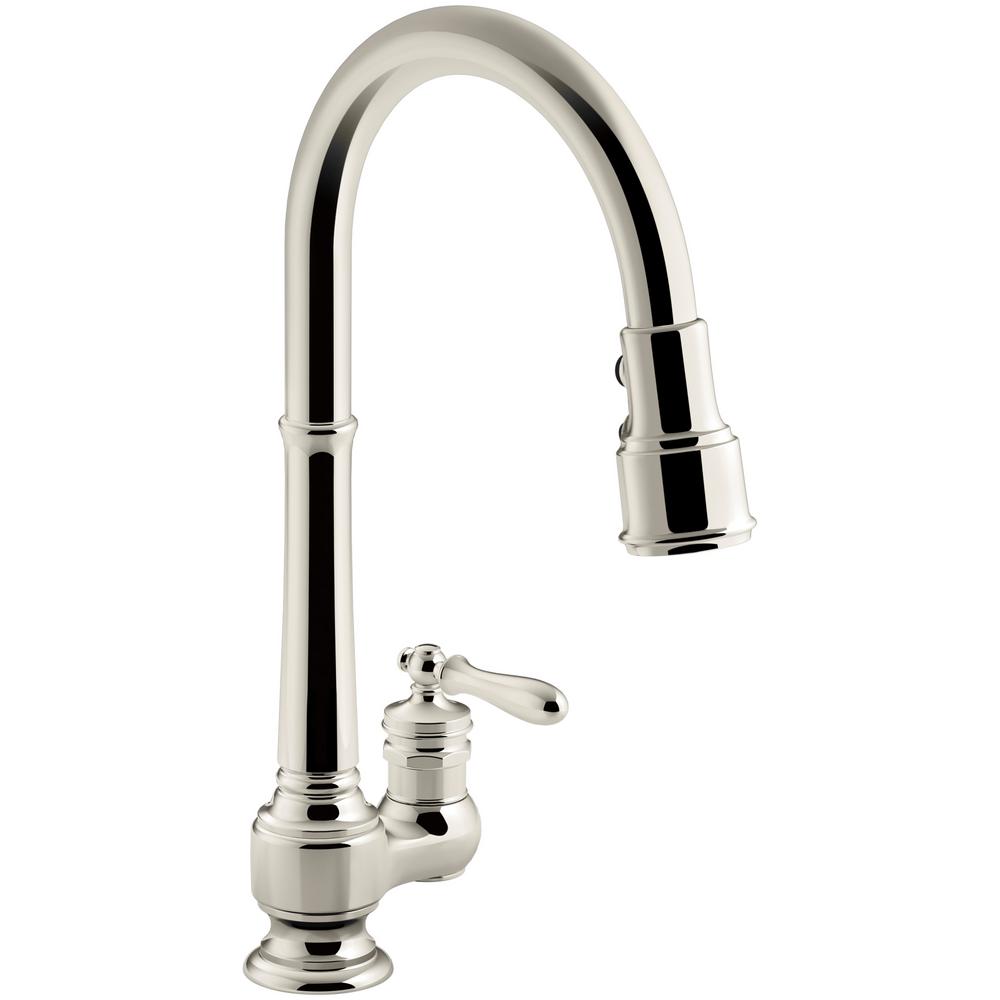 Kohler Artifacts Single Handle Pull Down Sprayer Kitchen Faucet In Vibrant Polished Nickel K 99260 Sn The Home Depot