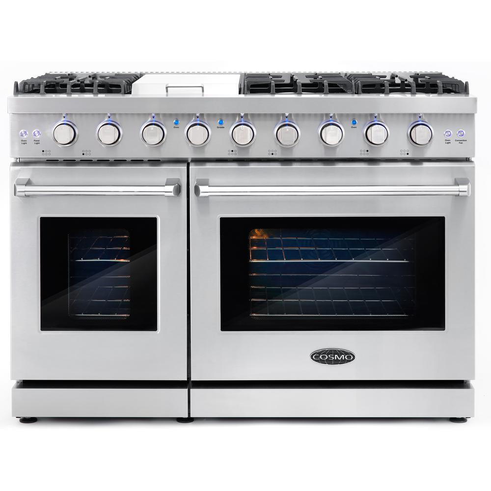 Cosmo 48 in. 6.8 cu. ft. Double Oven Commercial Gas Range with Fan Assist Convection Oven in