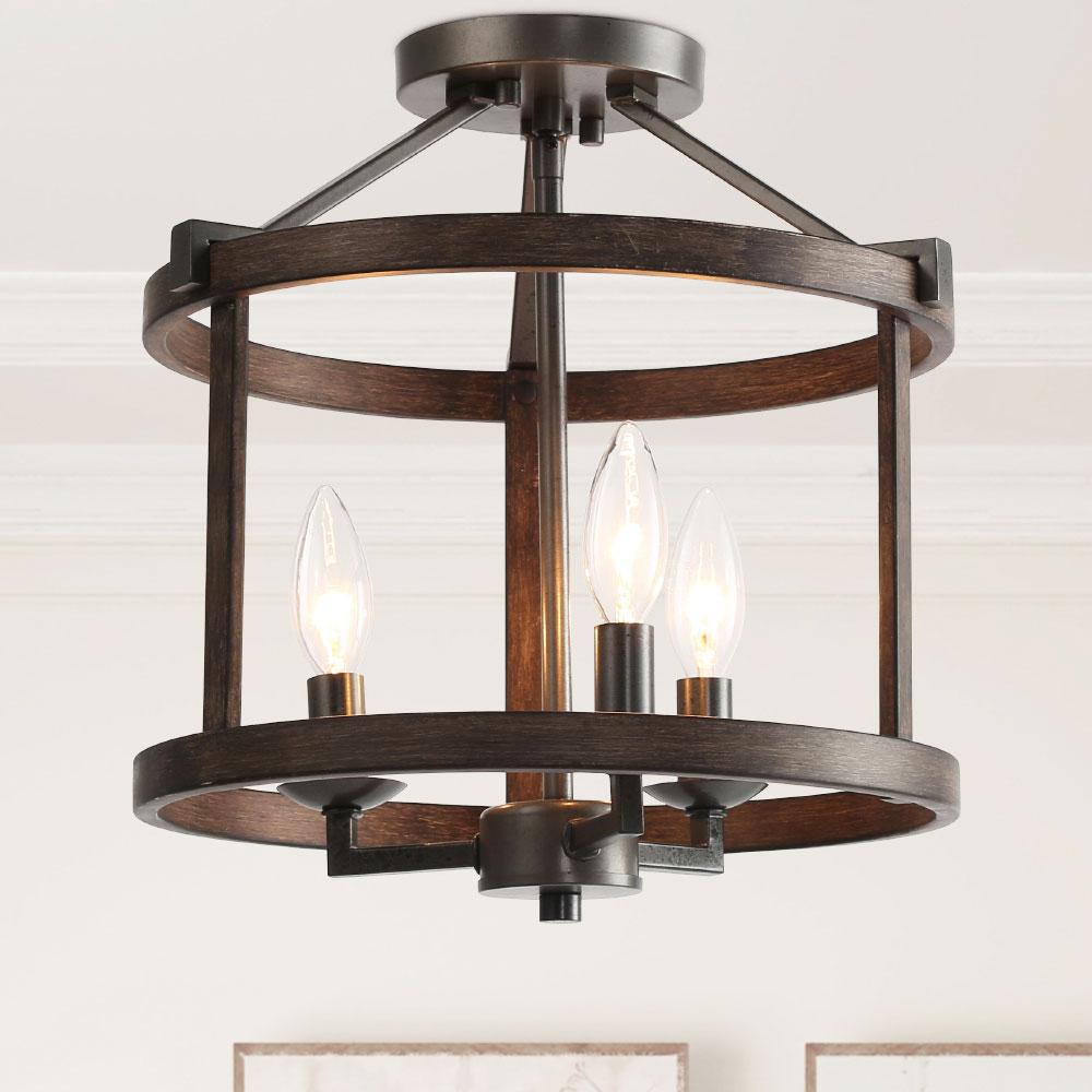 LNC 3-Light Semi Flush Mount Black Open Cage Rustic Farmhouse Drum ...