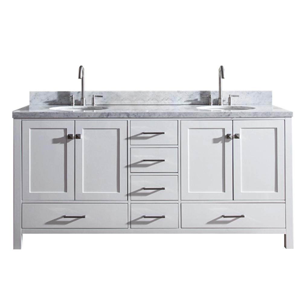 Ariel Cambridge 73 In Bath Vanity In White With Marble Vanity Top In Carrara White With White Basins A073d Vo Wht The Home Depot