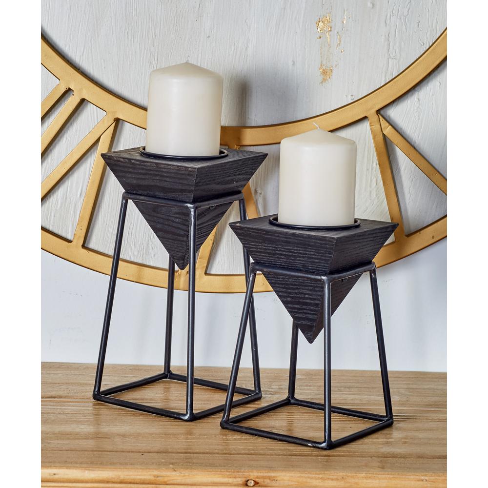 Litton Lane Gray Wood and Iron Candle Holders with Black Stands (Set of