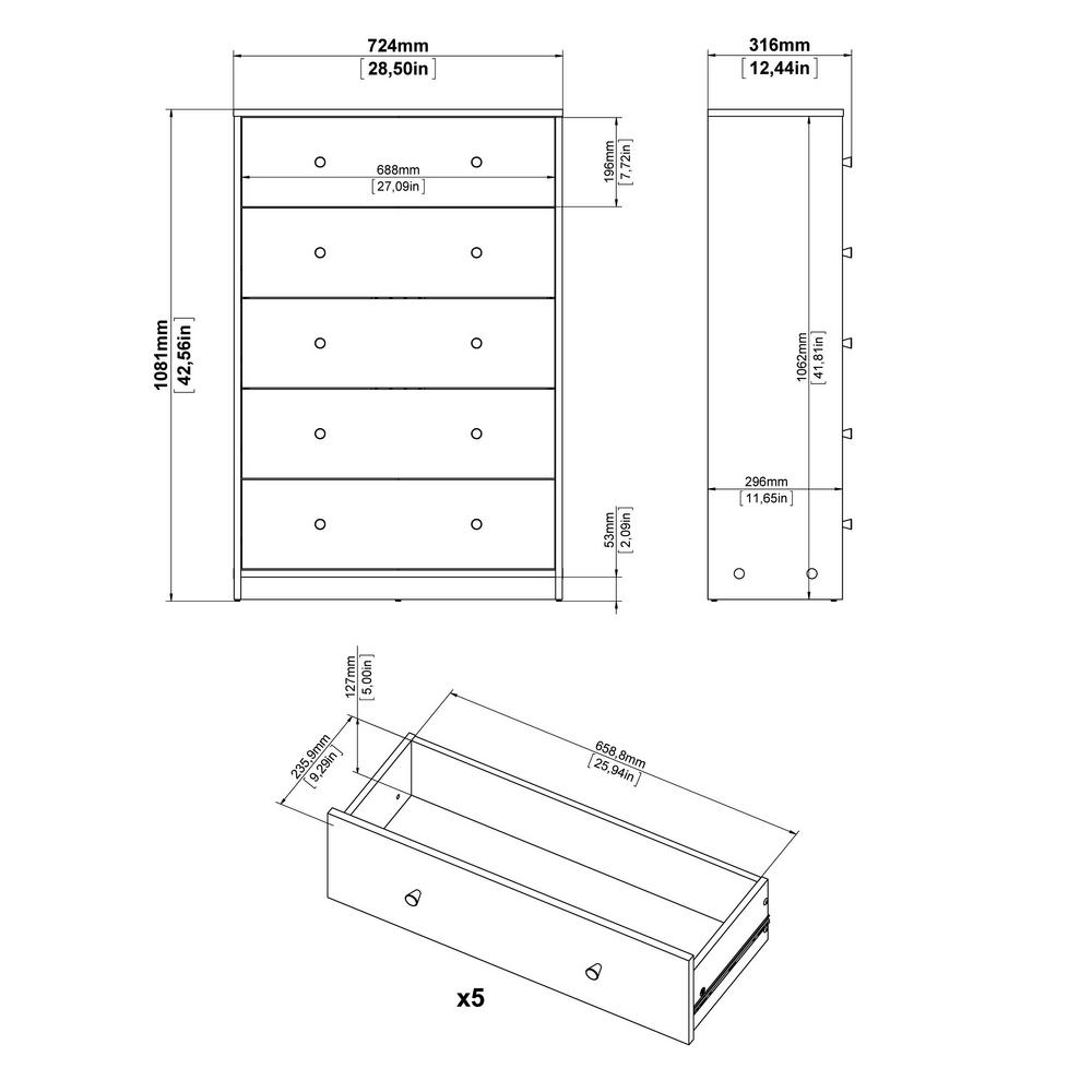 Grey Tvilum 70329cncn Portland 5 Drawer Chest