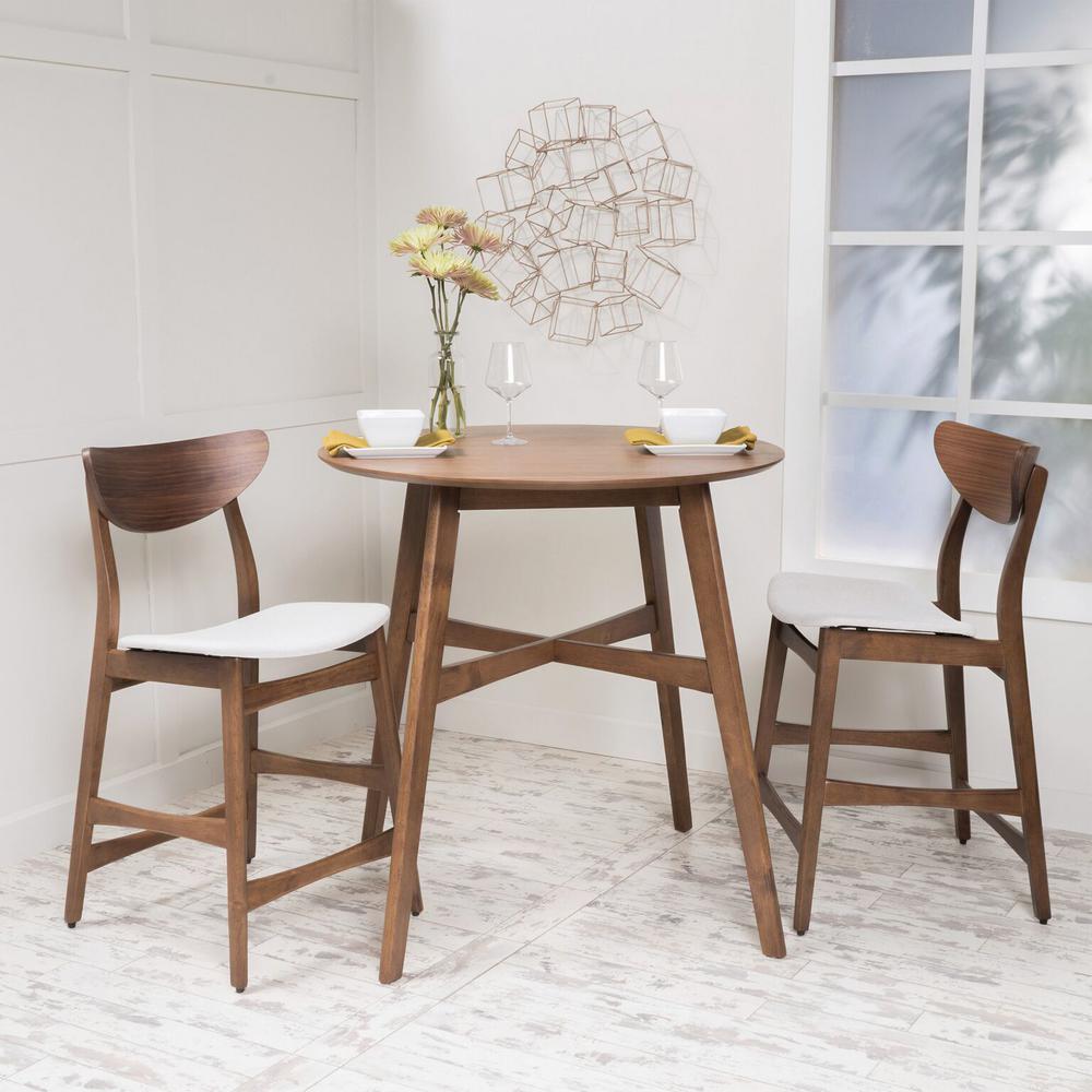 Noble House 3 Piece Natural Walnut Wood And Light Beige Fabric Counter Height Dining Set 10885 The Home Depot