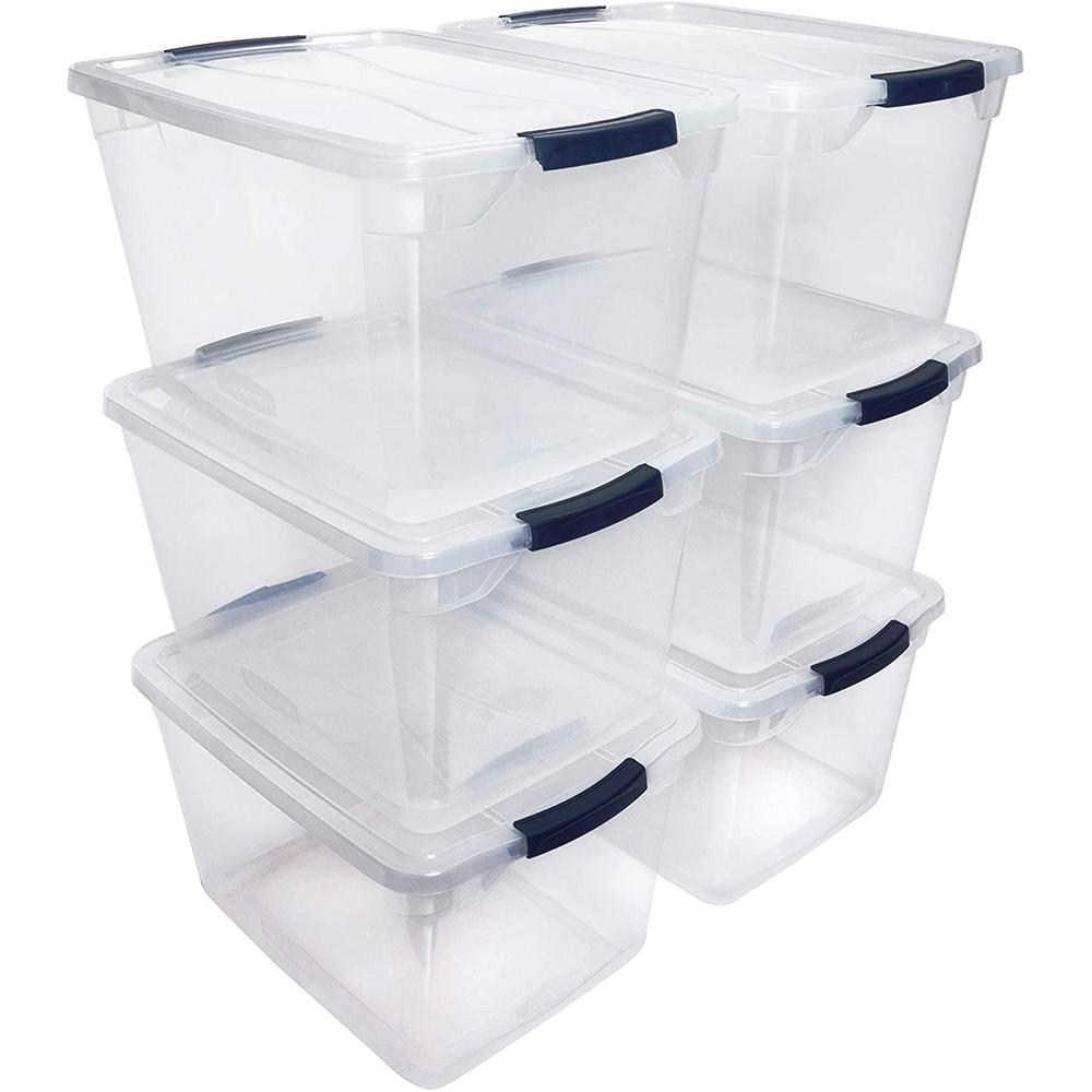 Rubbermaid Cleverstore Home Office Organization 30 Quart Clear Latching Stackable Plastic Storage Tote Container with Lid, (6 Pack)