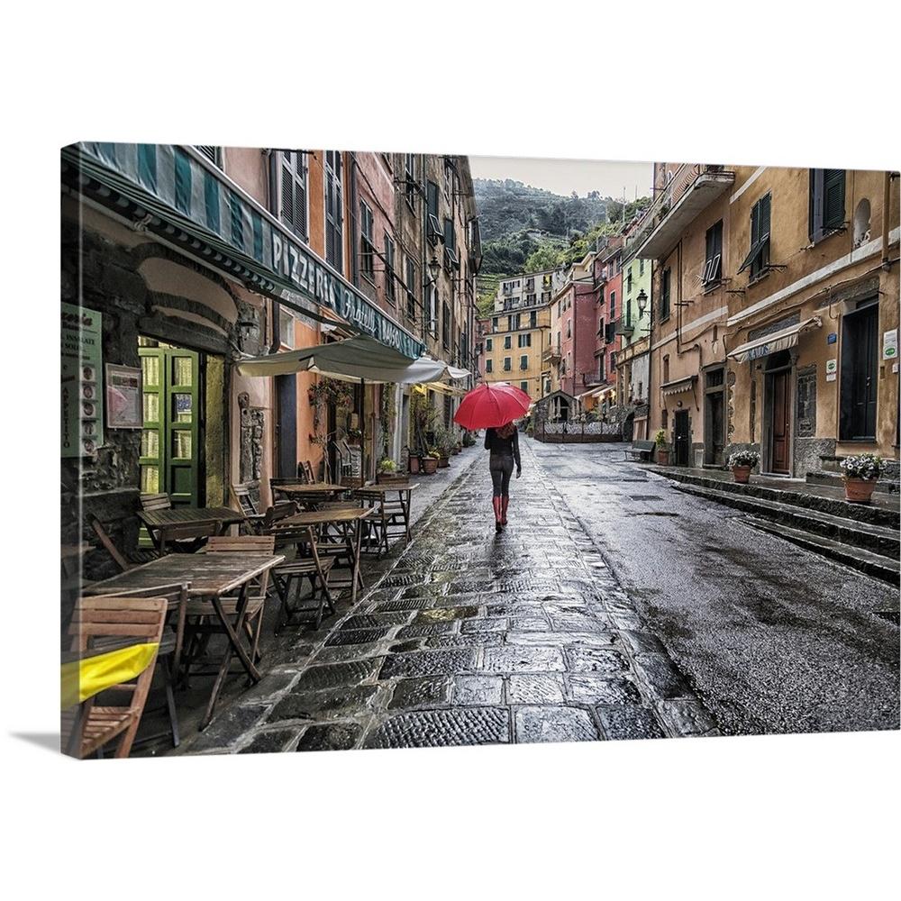 Greatbigcanvas Woman With Red Umbrella In The Rain In Vernazza Italy By Scott Stulberg Canvas Wall Art 2513850 24 36x24 The Home Depot