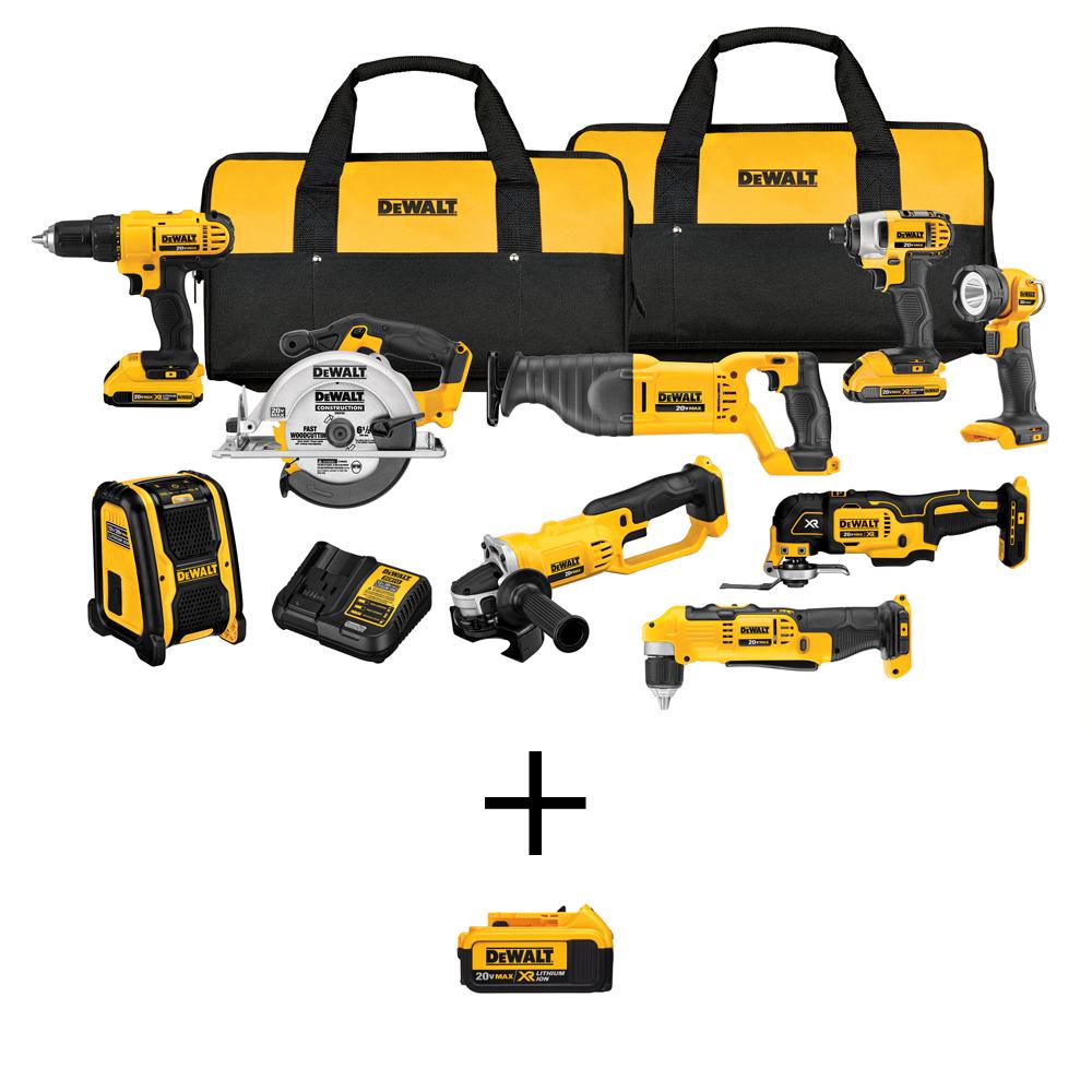 DEWALT 20V MAX Lithium-Ion Cordless 9-Tool Combo Kit, (1) 20V 4.0Ah MAX  Battery, (2) 20V 2.0Ah Batteries and Charger