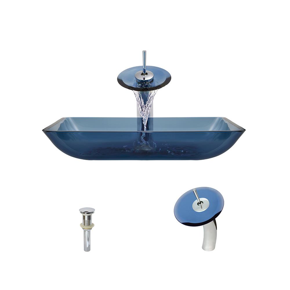 Mr Direct Glass Vessel Sink In Aqua With Waterfall Faucet And Pop
