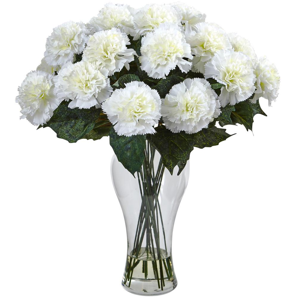 Nearly Natural Cream Carnation Arrangement With Vase CR The Home Depot