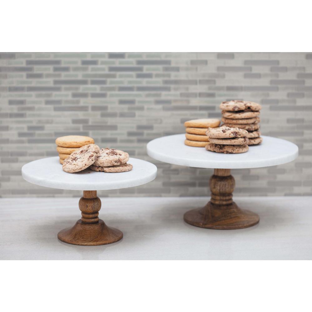Litton Lane 10 In X 5 White Marble And Brown Wood Cake Stand White Marble And Brown Wood Cake Stand
