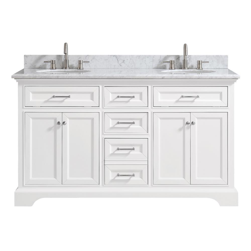 Home Decorators Collection Windlowe 61 In W X 22 In D X 35 In H Bath Vanity In White With Carrera Marble Vanity Top In White With White Sink 15101 Vs61c Wt The Home Depot