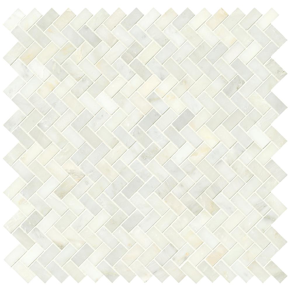 Greecian White Herringbone Pattern Polished Marble Mesh-Mounted Mosaic Tile